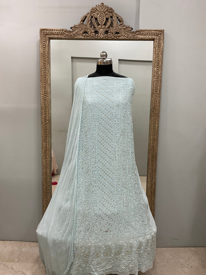 Georgette Straight Heavy Pearl Work With Chiffon Dupatta Sea Green