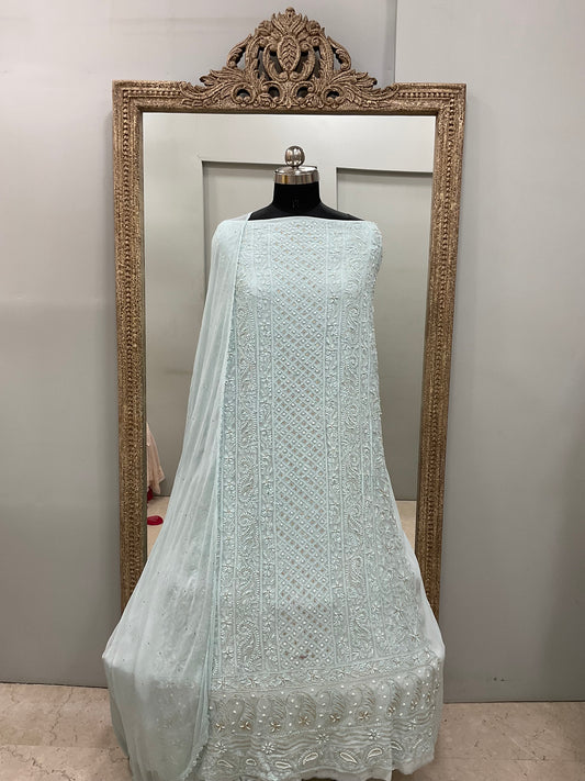 Georgette Straight Heavy Pearl Work With Chiffon Dupatta Sea Green