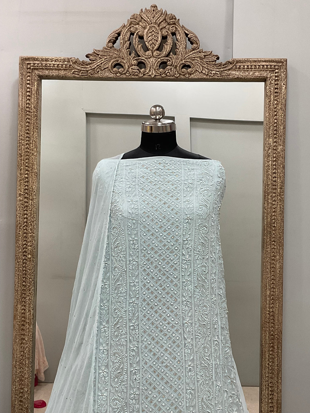 Georgette Straight Heavy Pearl Work With Chiffon Dupatta Sea Green