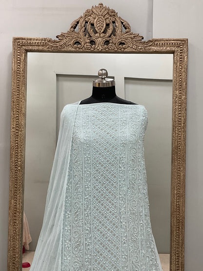 Georgette Straight Heavy Pearl Work With Chiffon Dupatta Sea Green