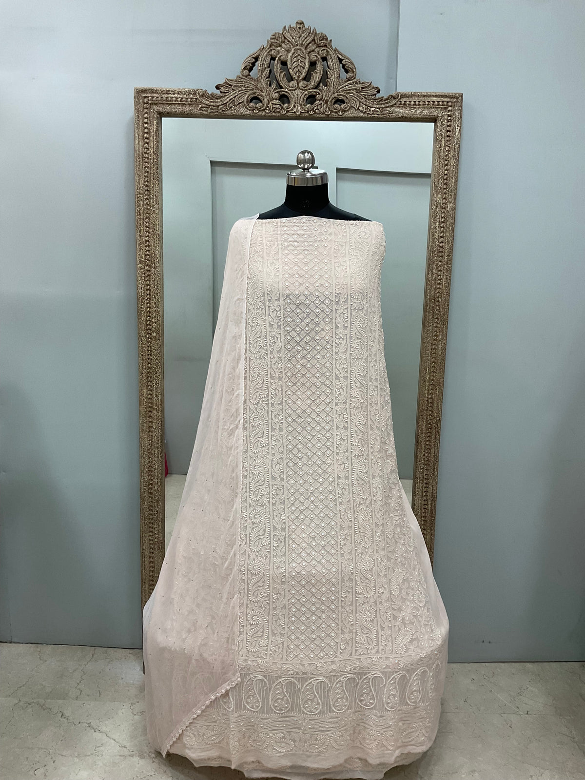 Georgette Straight Heavy Pearl Work With Chiffon Dupatta Cream