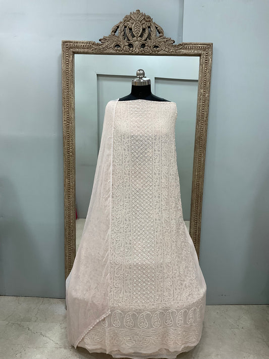 Georgette Straight Heavy Pearl Work With Chiffon Dupatta Cream