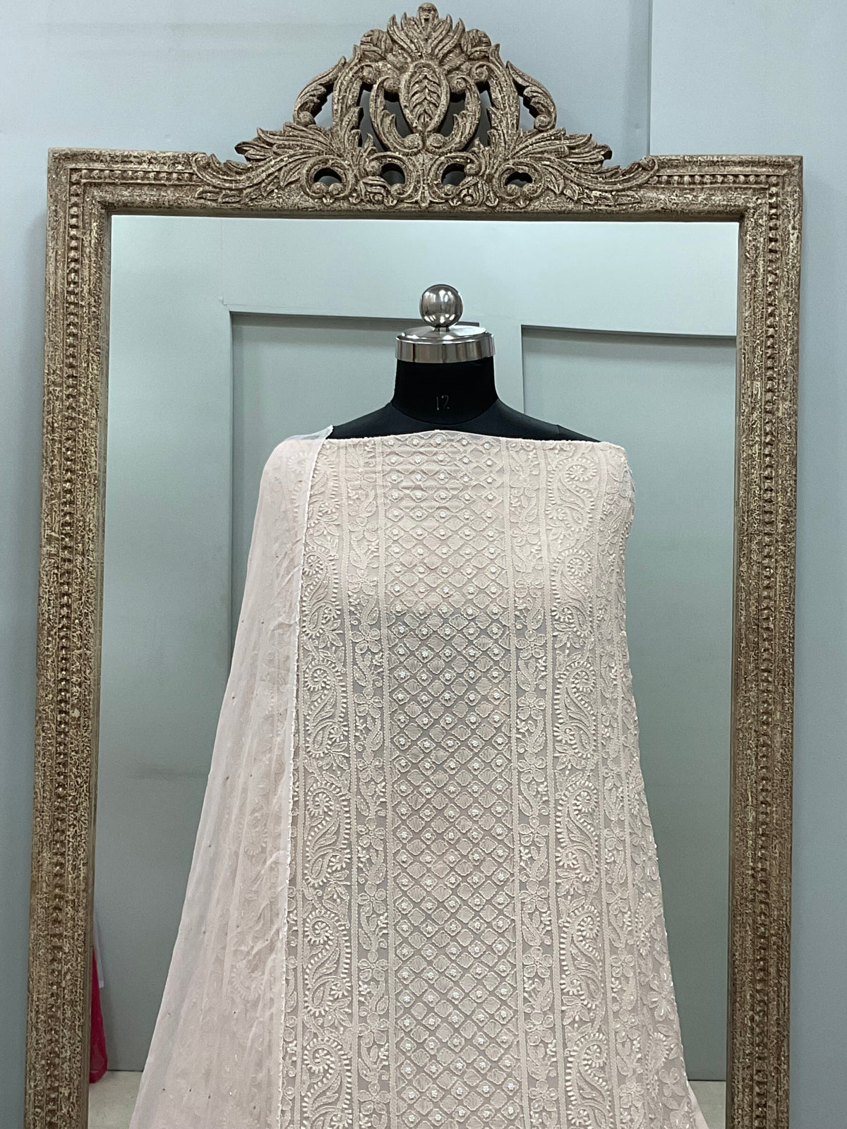 Georgette Straight Heavy Pearl Work With Chiffon Dupatta Cream