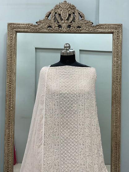 Georgette Straight Heavy Pearl Work With Chiffon Dupatta Cream