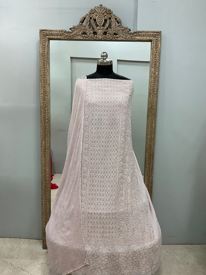 Georgette Straight Heavy Pearl Work With Chiffon Dupatta Lilac