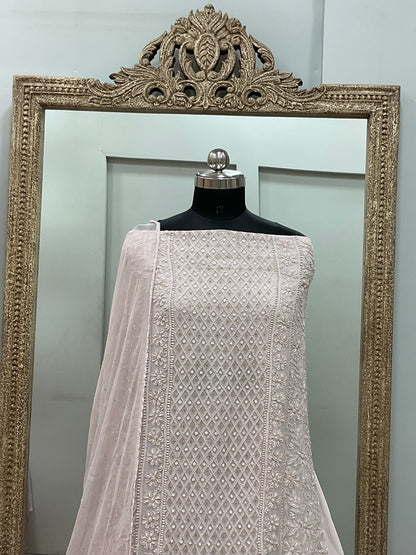 Georgette Straight Heavy Pearl Work With Chiffon Dupatta Lilac