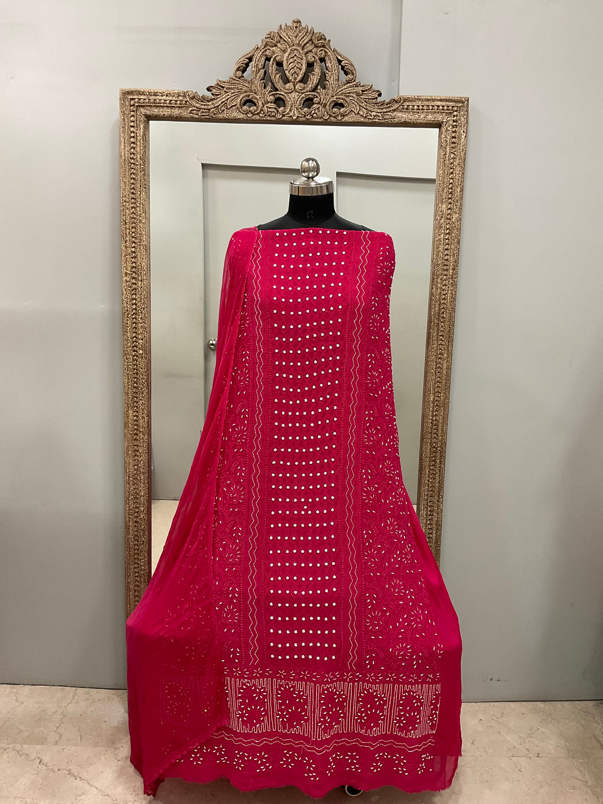 Georgette Straight Heavy Pearl Work With Chiffon Dupatta Hot Pink