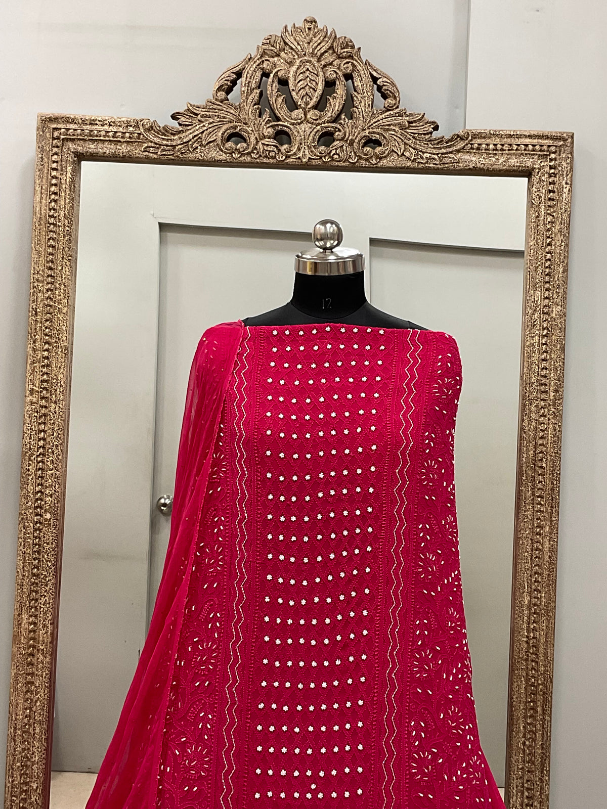 Georgette Straight Heavy Pearl Work With Chiffon Dupatta Hot Pink