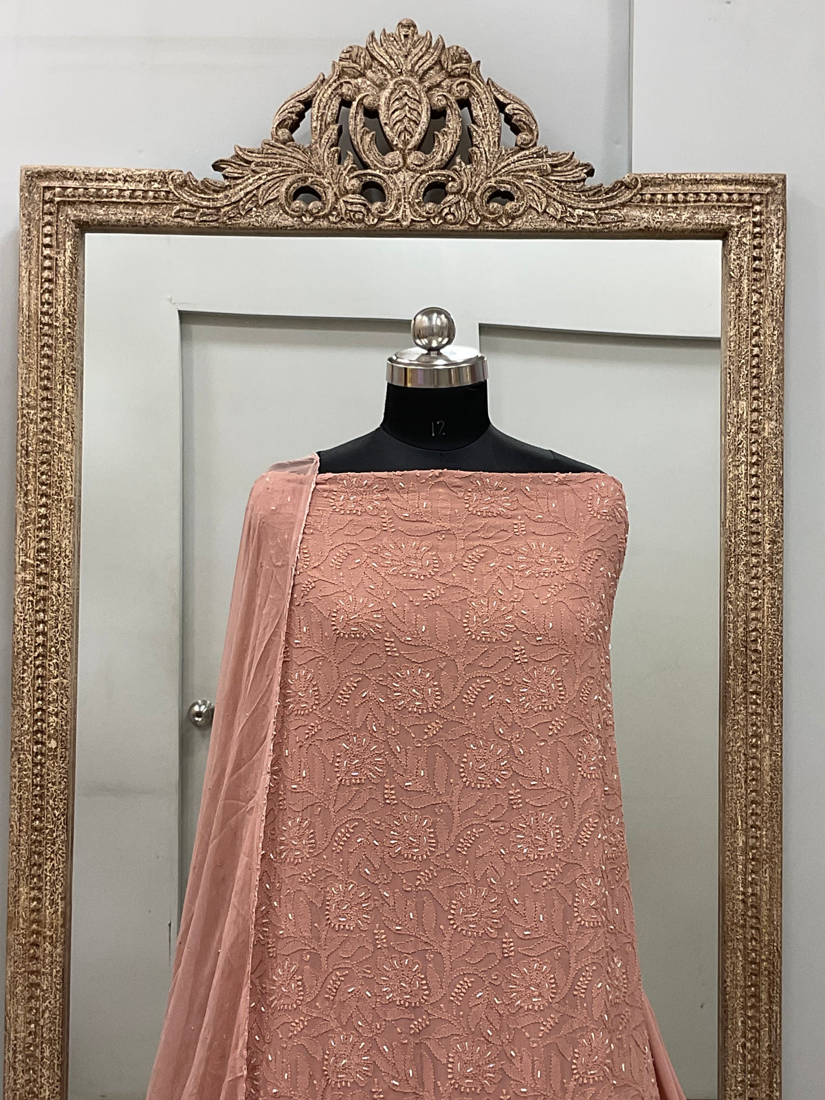 Georgette Straight Heavy Pearl Work With Chiffon Dupatta  Rust