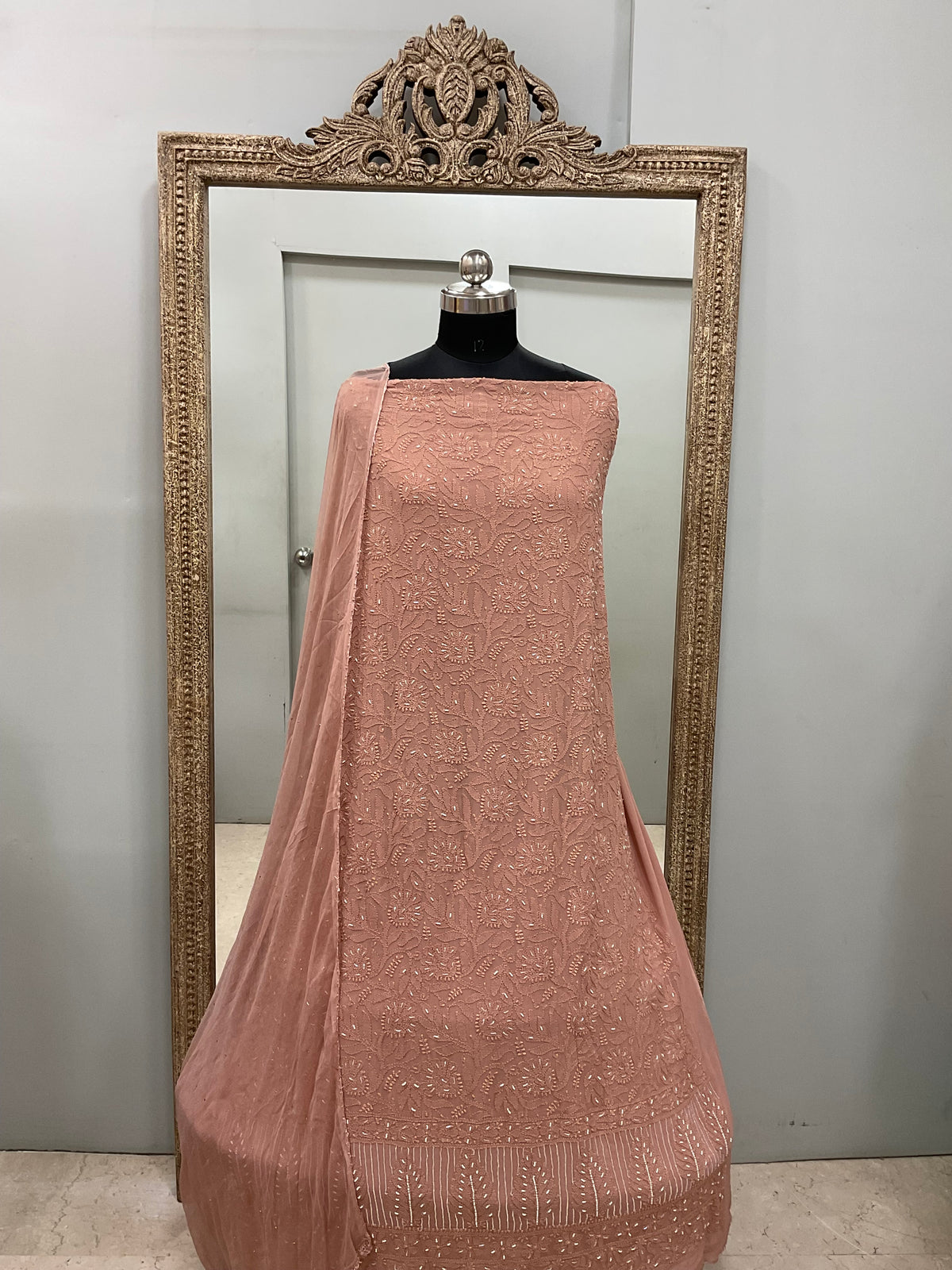 Georgette Straight Heavy Pearl Work With Chiffon Dupatta  Rust