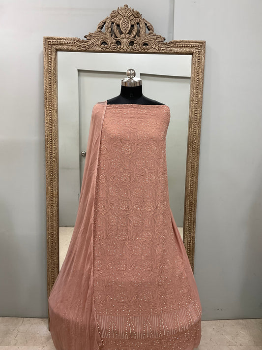 Georgette Straight Heavy Pearl Work With Chiffon Dupatta  Rust