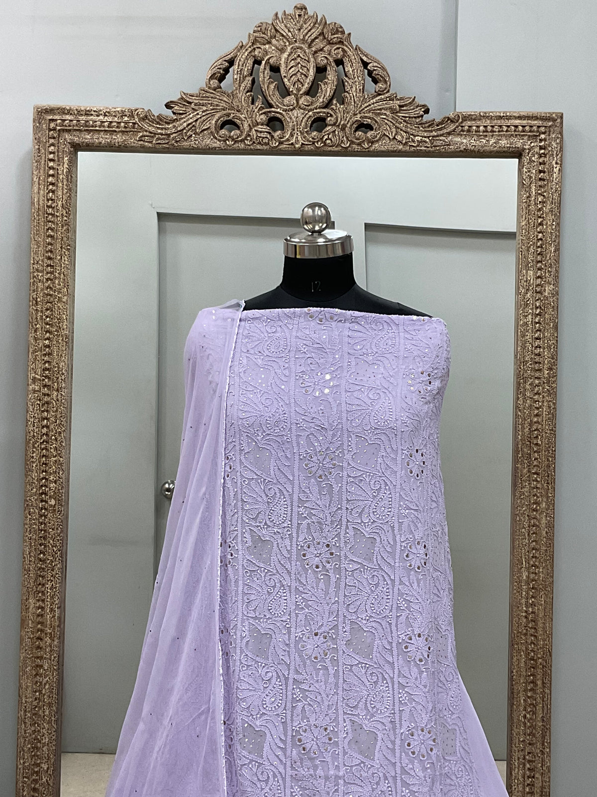 Georgette Straight Heavy Mukaish Work With Chiffon Dupatta Lilac