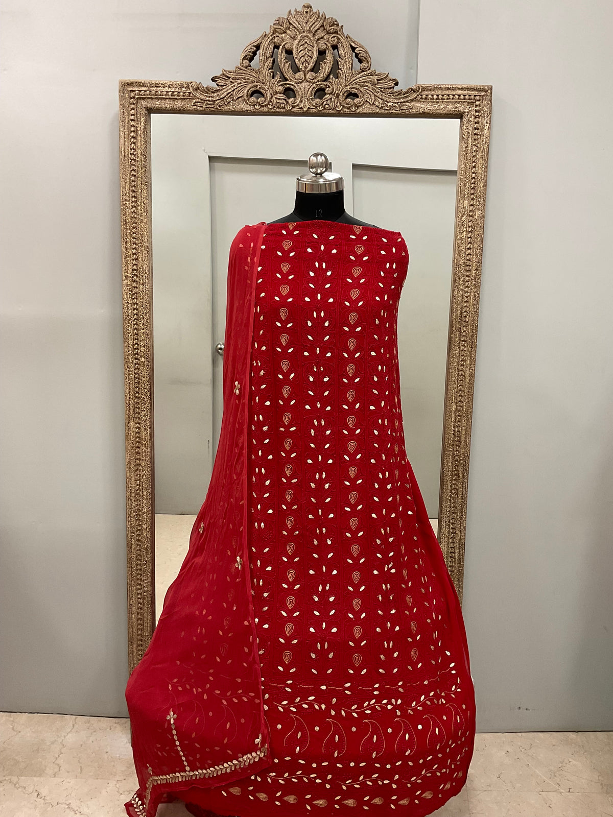 Georgette Straight Heavy Gota Work With Chiffon Dupatta Red