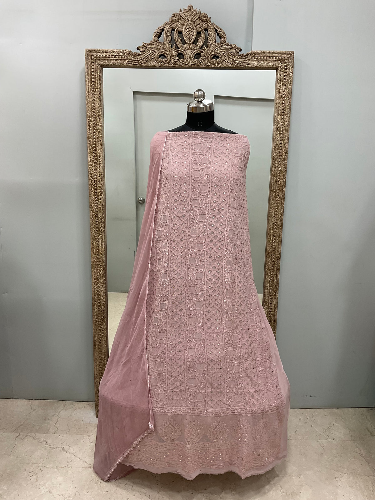 Georgette Straight Heavy Mukaish Work With Chiffon Dupatta  Onion Pink