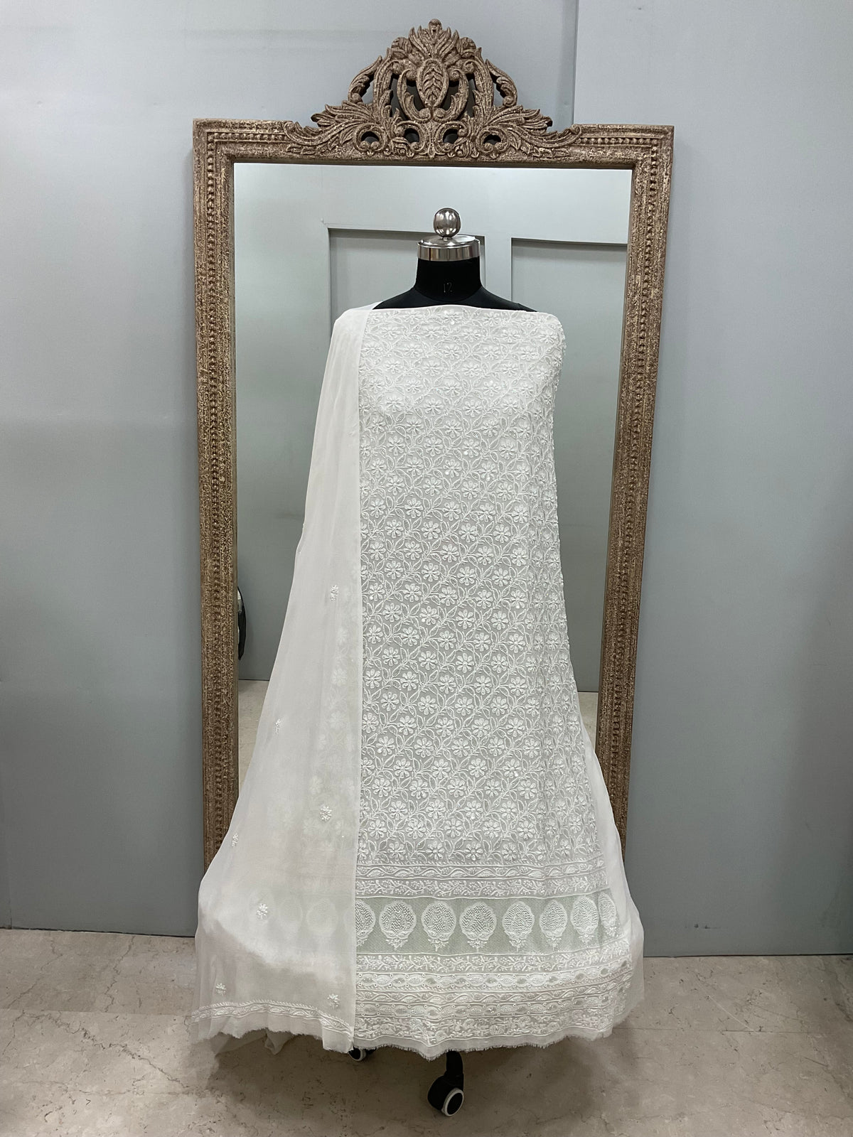 Superfine Pure Georgette Heavy Pearl Cutdana and Sequence Designer White 06