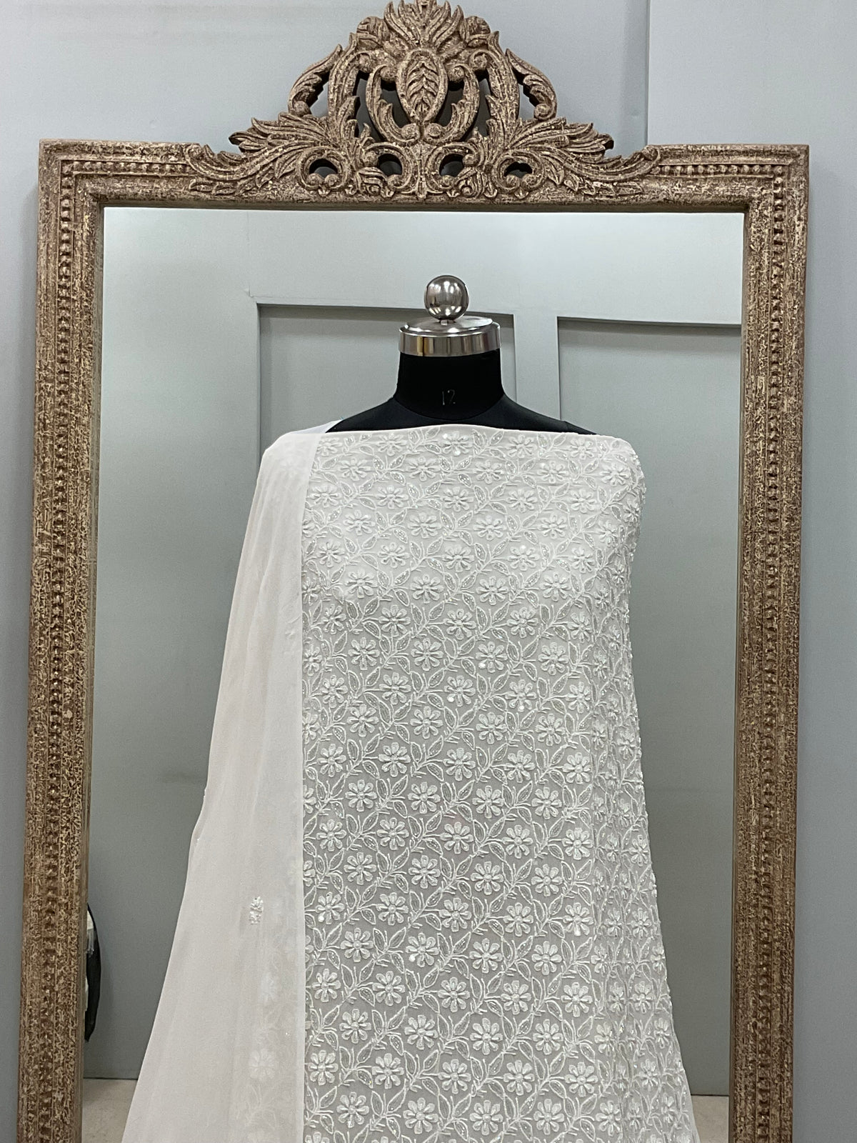 Superfine Pure Georgette Heavy Pearl Cutdana and Sequence Designer White 06