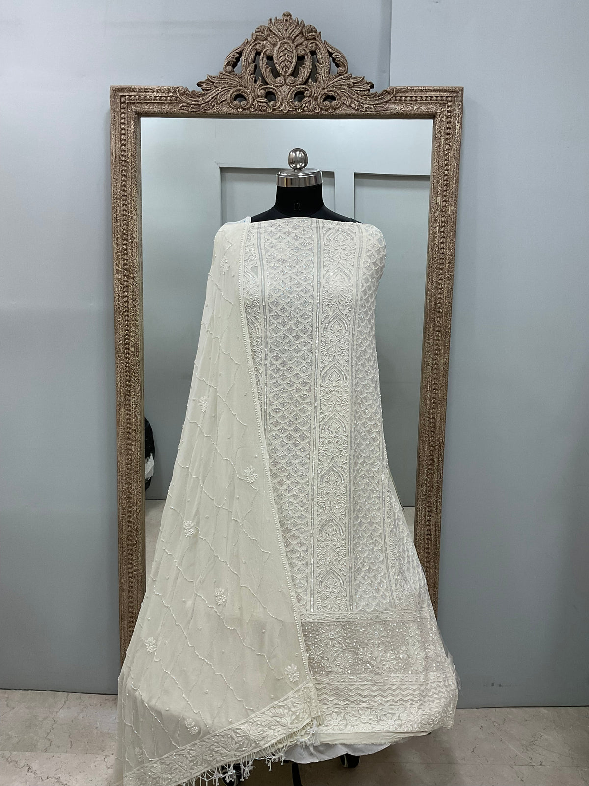Pure Georgette Heavy Pearl Cutdana and Sequence Designer Beige