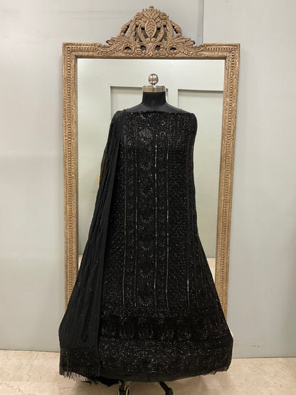 Pure Georgette Heavy Pearl Cutdana and Sequence Designer Black