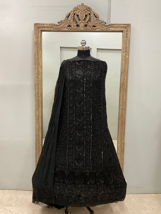 Pure Georgette Heavy Pearl Cutdana and Sequence Designer Black