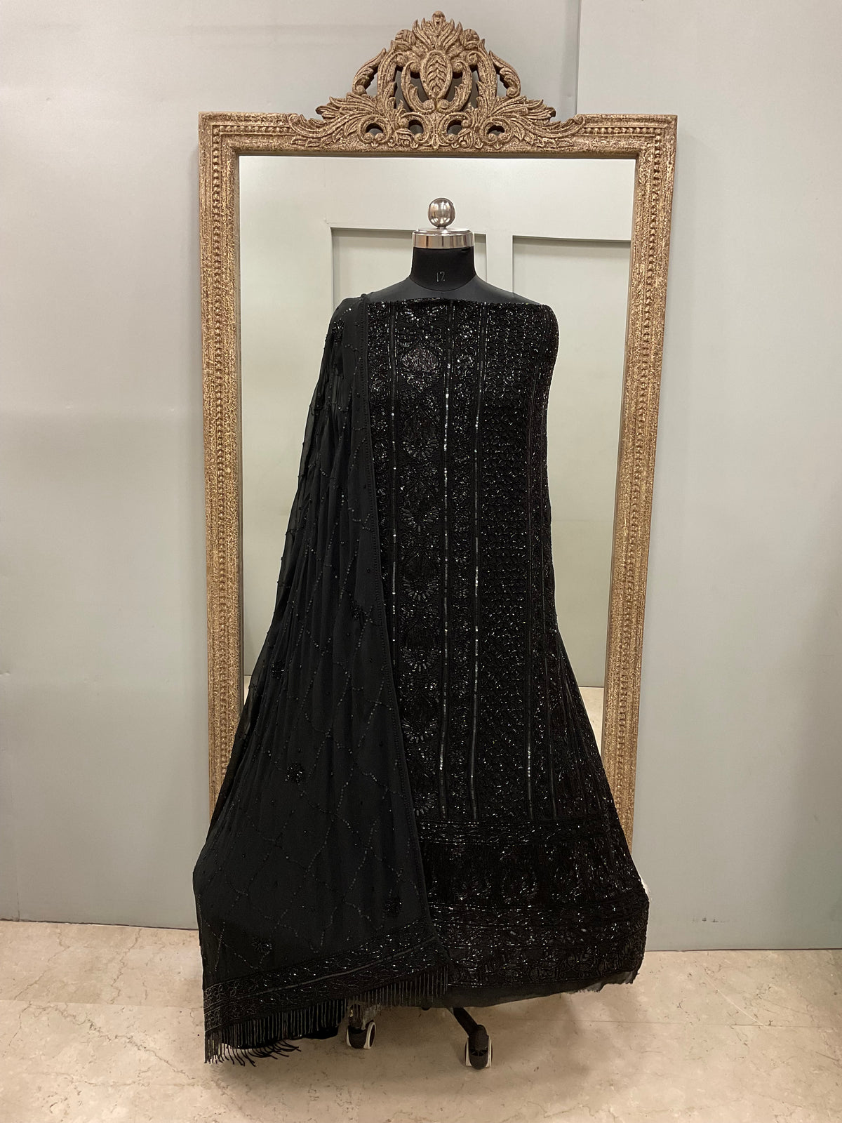 Pure Georgette Heavy Pearl Cutdana and Sequence Designer Black