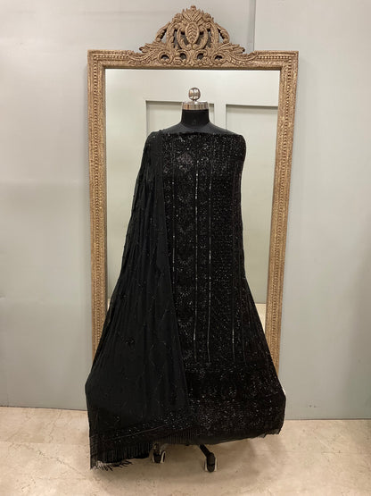 Pure Georgette Heavy Pearl Cutdana and Sequence Designer Black