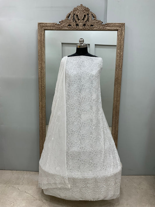 Pure Georgette Heavy Pearl Cutdana and Sequence Designer White
