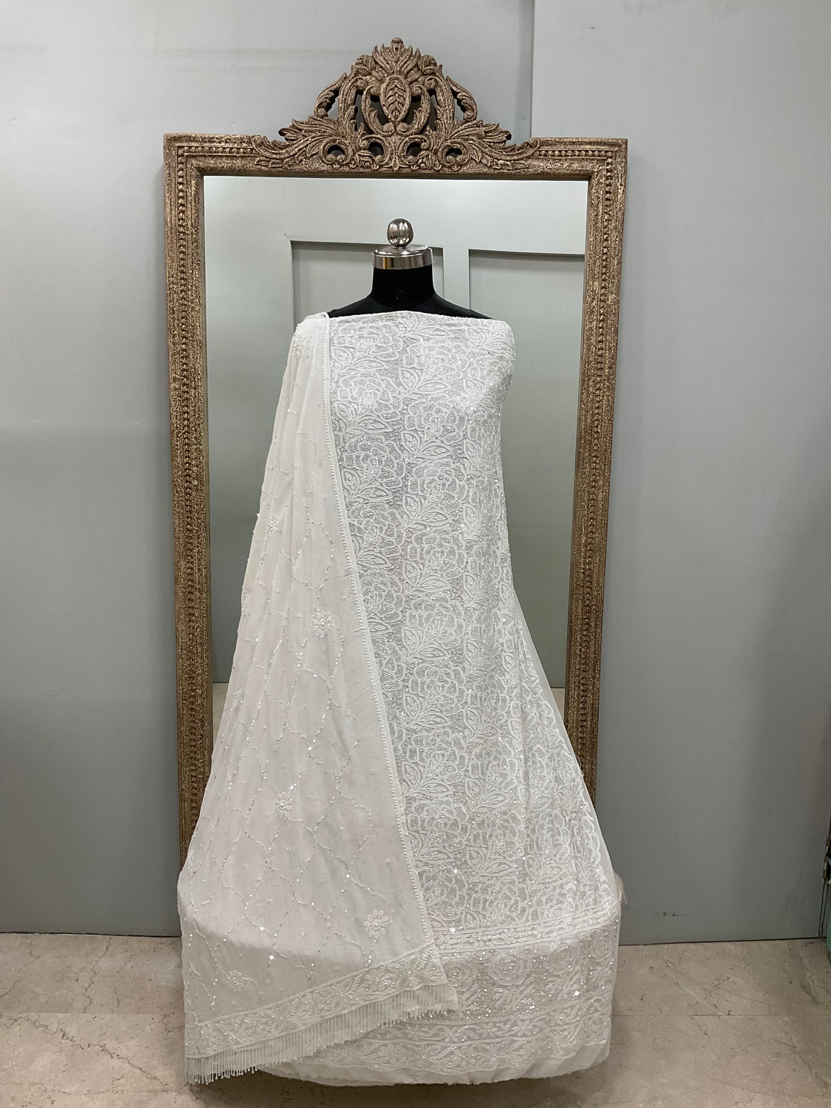 Pure Georgette Heavy Pearl Cutdana and Sequence Designer White