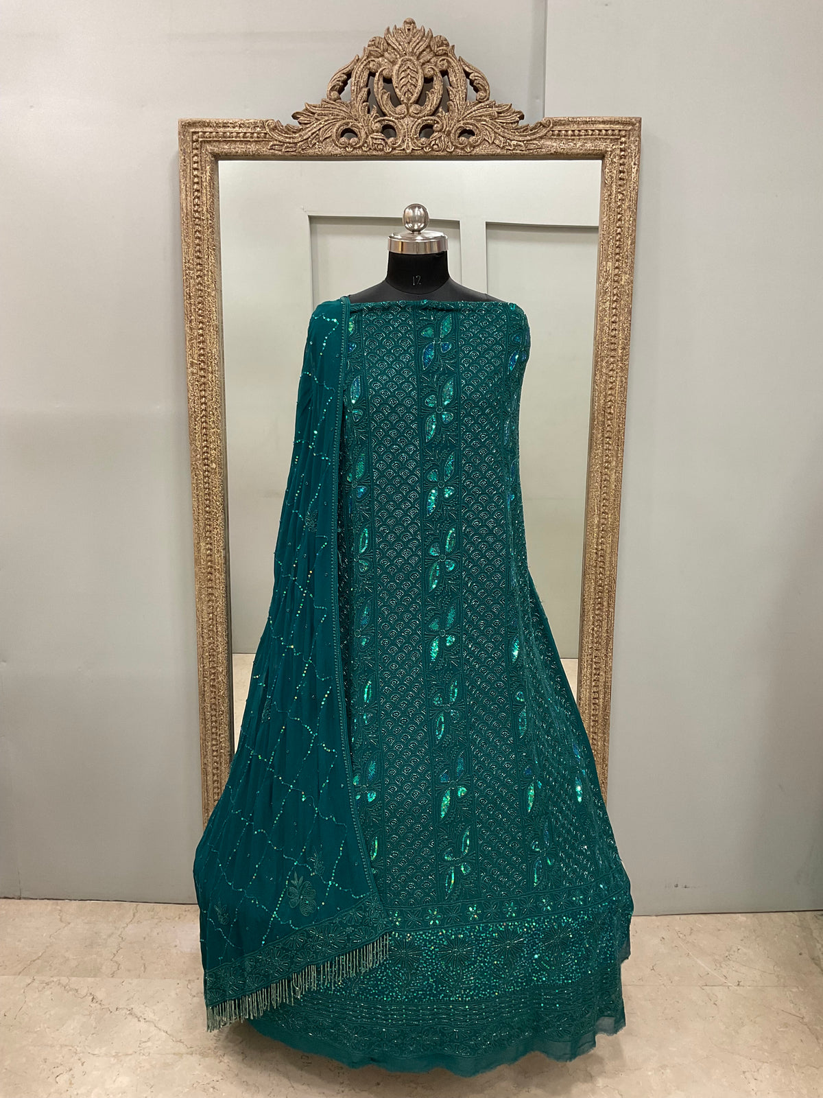 Pure Georgette Heavy Pearl Cutdana and Sequence Designer Tile Green