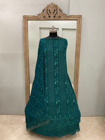 Pure Georgette Heavy Pearl Cutdana and Sequence Designer Tile Green