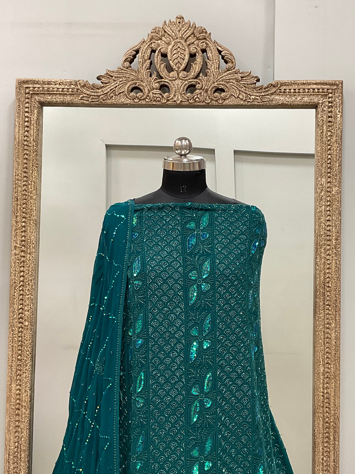 Pure Georgette Heavy Pearl Cutdana and Sequence Designer Tile Green