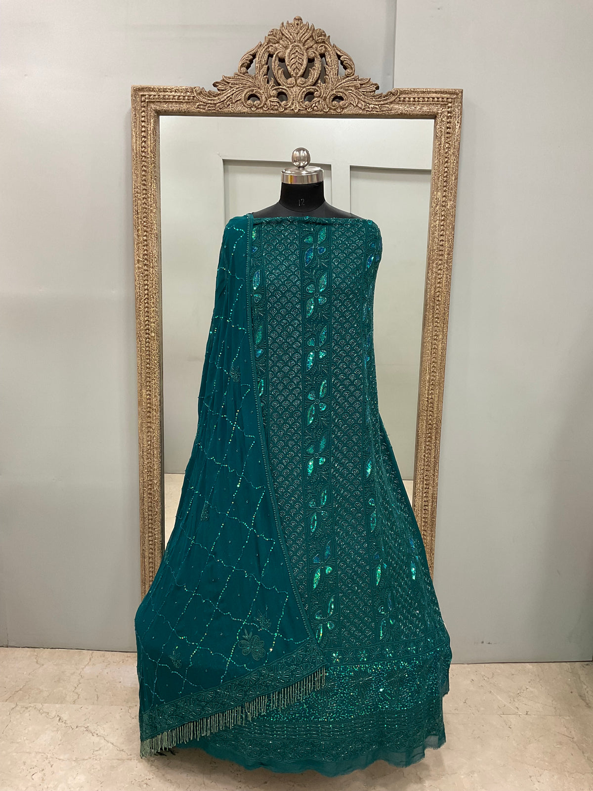 Pure Georgette Heavy Pearl Cutdana and Sequence Designer Tile Green