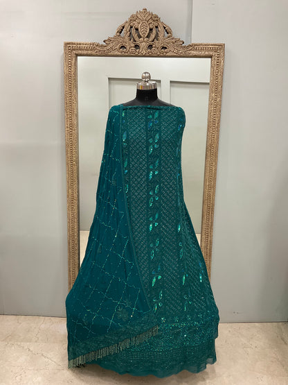 Pure Georgette Heavy Pearl Cutdana and Sequence Designer Tile Green