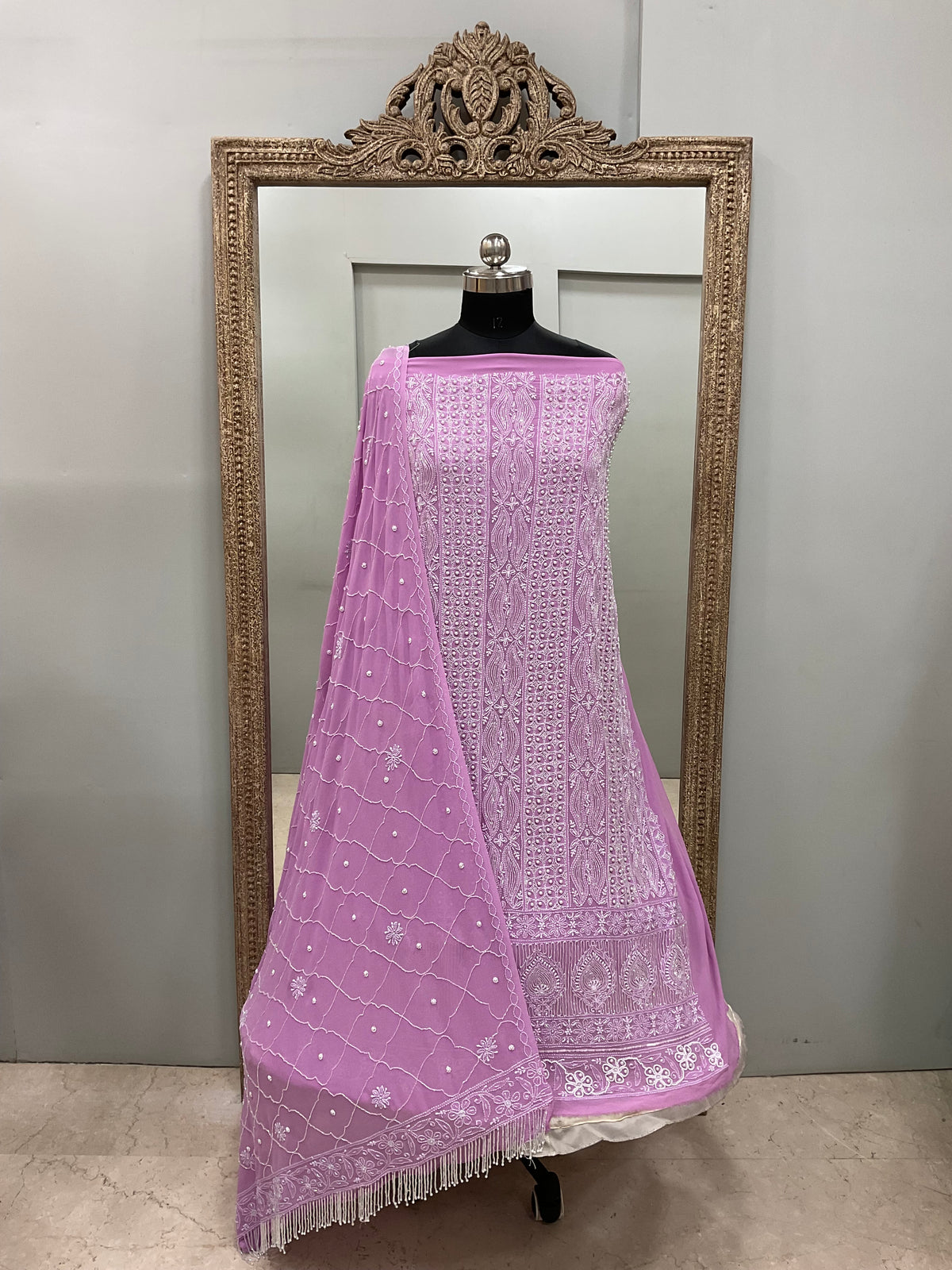 Pure Georgette Heavy Pearl Cutdana and Sequence Designer Purple