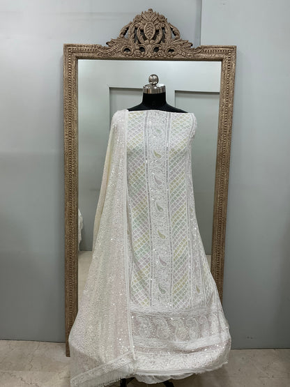Pure Georgette Heavy Pearl Cutdana and Sequence Designer With Heavy Dupatta White