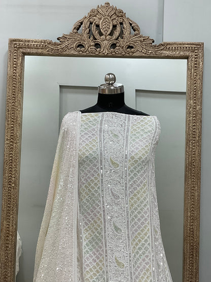 Pure Georgette Heavy Pearl Cutdana and Sequence Designer With Heavy Dupatta White
