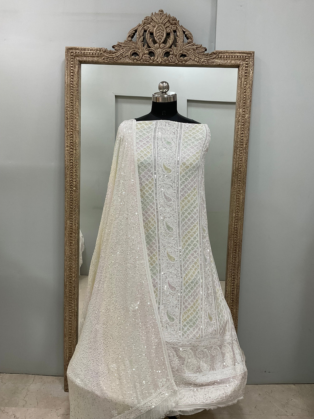 Pure Georgette Heavy Pearl Cutdana and Sequence Designer With Heavy Dupatta White