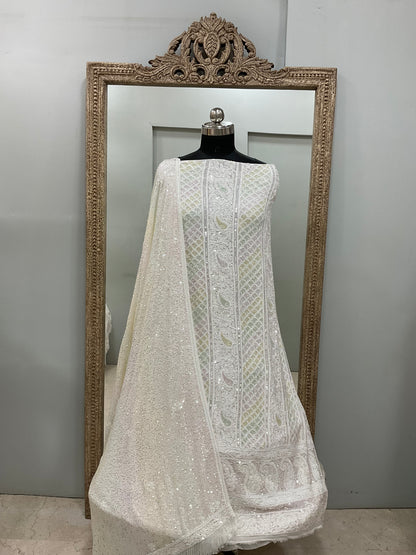Pure Georgette Heavy Pearl Cutdana and Sequence Designer With Heavy Dupatta White