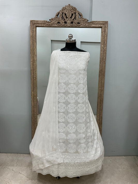 Superfine Pure Georgette Heavy Pearl Cutdana and Sequence Designer White 04