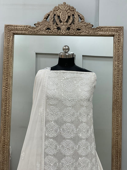 Superfine Pure Georgette Heavy Pearl Cutdana and Sequence Designer White 04