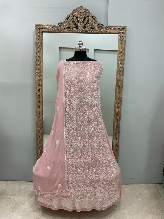 Superfine Pure Georgette Heavy Pearl Cutdana and Sequence Designer Pink
