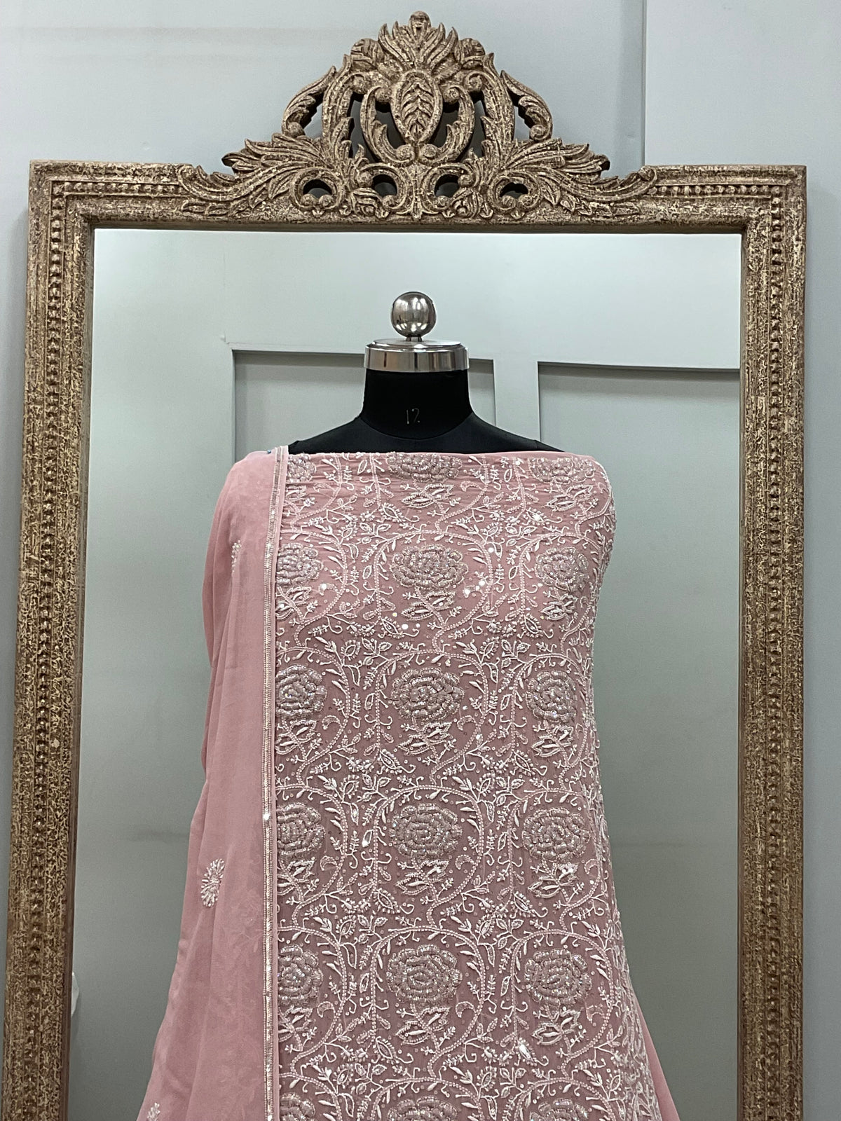 Superfine Pure Georgette Heavy Pearl Cutdana and Sequence Designer Pink