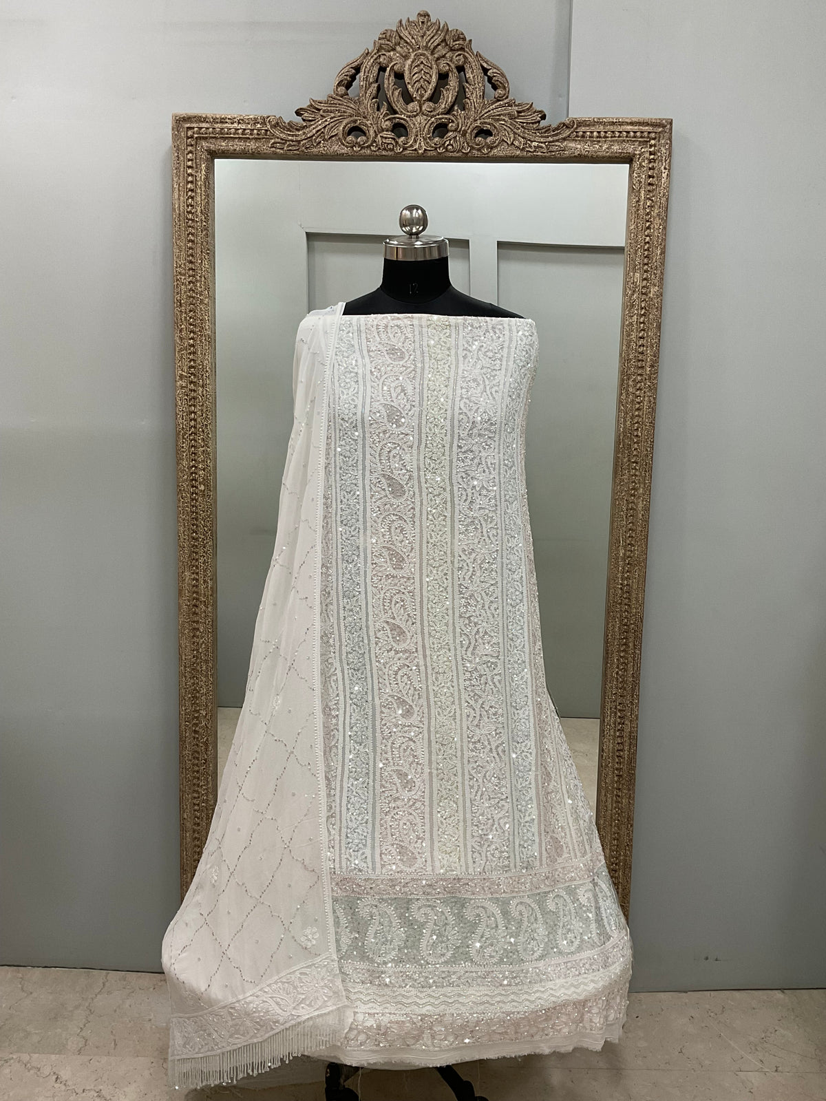 Pure Georgette Heavy Pearl Cutdana and Sequence Designer White