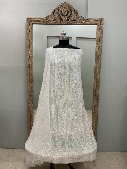 Pure Georgette Heavy Pearl Cutdana and Sequence Designer White