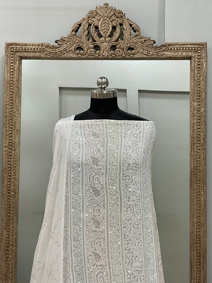 Pure Georgette Heavy Pearl Cutdana and Sequence Designer White