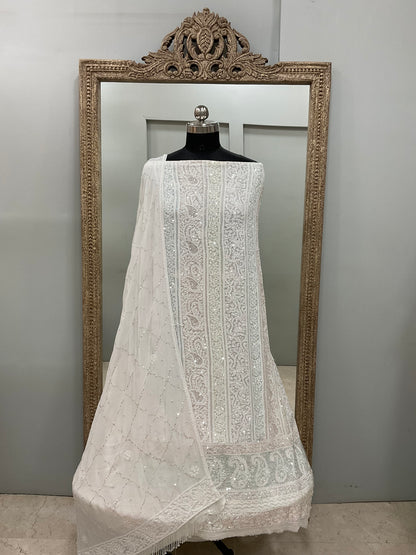 Pure Georgette Heavy Pearl Cutdana and Sequence Designer White