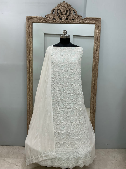 Superfine Pure Georgette Heavy Pearl Cutdana and Sequence Designer White 03