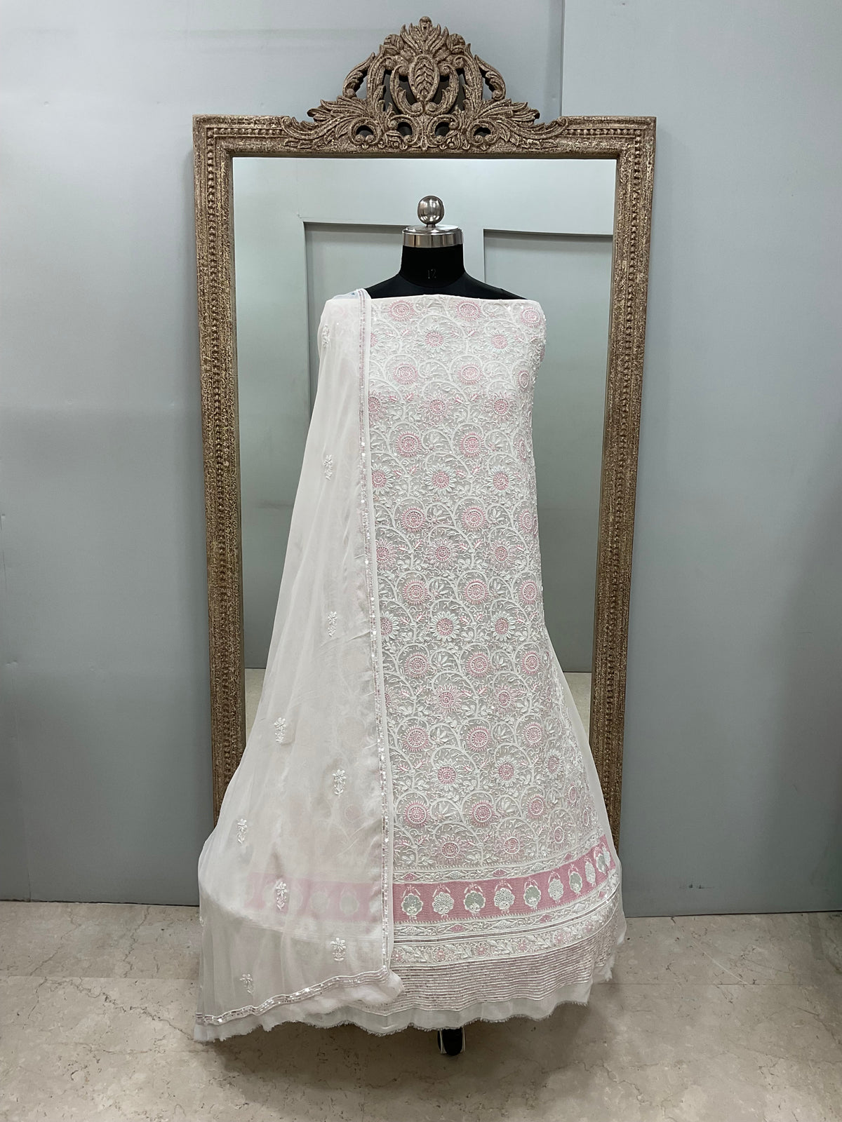 Superfine Pure Georgette Heavy Pearl Cutdana and Sequence Designer White 02