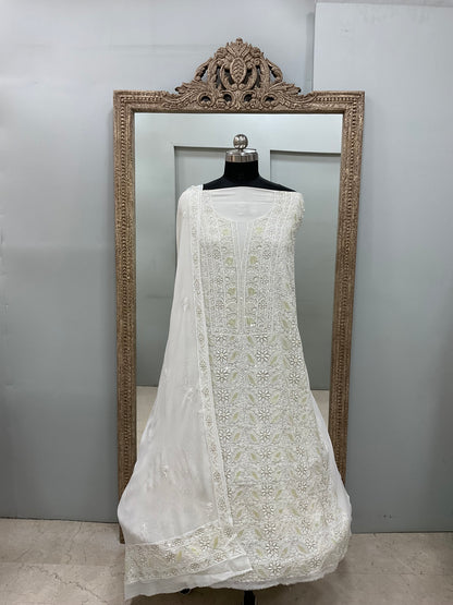 Superfine Pure Georgette Heavy Pearl Cutdana and Sequence Designer White 01
