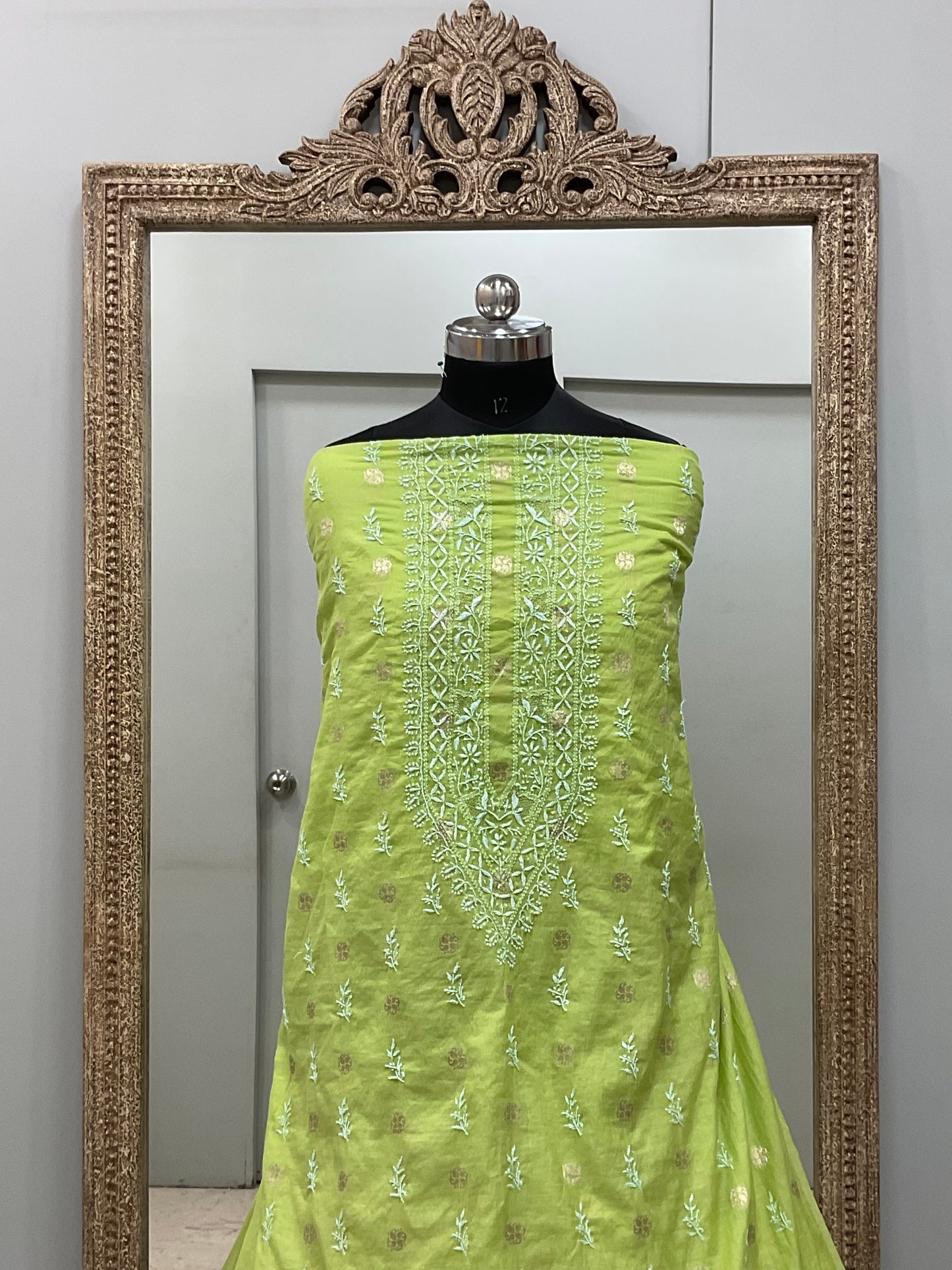 Gents Kurta Pure Chanderi Booty Front Jaal Heavy Chicken And Mukaish Work Green
