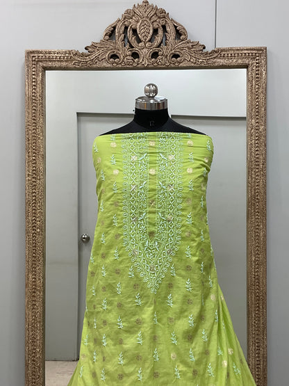 Gents Kurta Pure Chanderi Booty Front Jaal Heavy Chicken And Mukaish Work Green